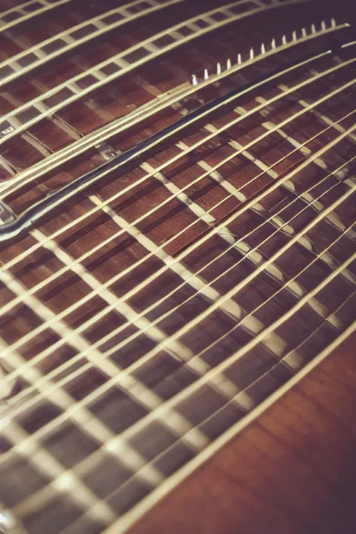 Prompt: up close steampunk guitar fretboard
