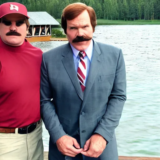 Prompt: Ron Burgundy standing near a lake with Champ Kind