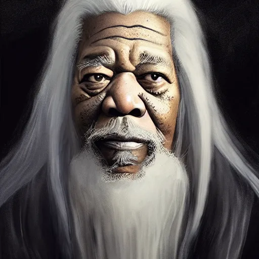 Image similar to evil morgan freeman as evil wizard saurman the white, long white hair and white beard, beautiful pure white warlock flowing robes, long black wizard staff by alan lee, lord of the rings, smooth, oil painting, matte painting, concept art, trending on artstation, promotional artwork, film still, elegant, photorealistic facial features, intricate, detailed face, cinematic lighting