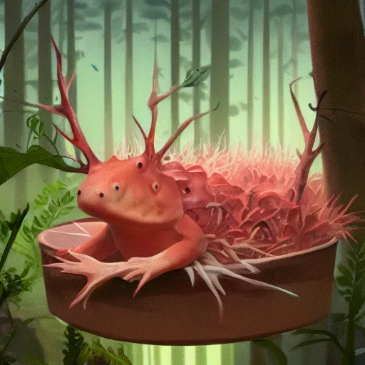 Prompt: axolotl sitting in a bucket with a forest background, award winning art, trending on artstation, digital art, painting, matte painting, render, detailed