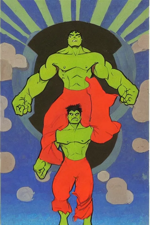 Image similar to hulk, marvel, artwork by nicholas roerich,