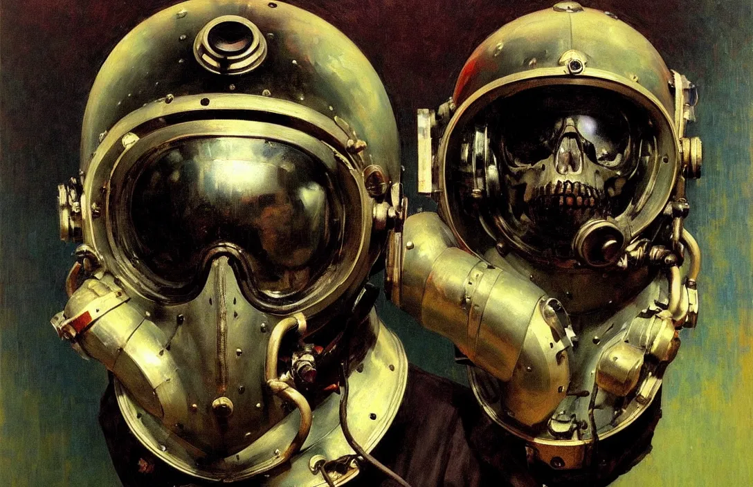 Image similar to portrait of deep sea diver helmet!!!!!!!!!!!!!!!!!!!!!!!!!!!, detailed skull face, detailed painting, epic lighting, by ilya repin, phil hale and kent williams