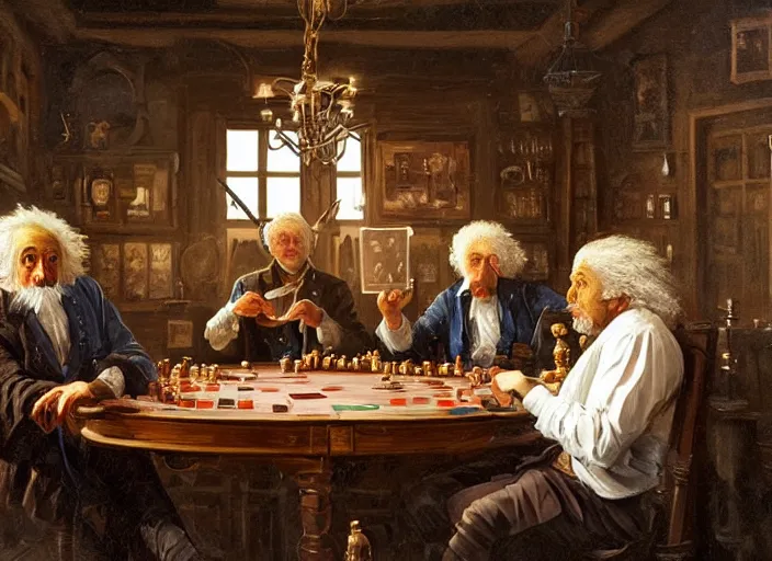 Image similar to baroque painting albert einstein with isaac newton with stephen hawkins playing poker in an old west saloon, intricate, highly detailed, centered, digital painting, artstation, concept art, smooth, sharp focus, illustration, art inspired by james gurney and greg rutkowski