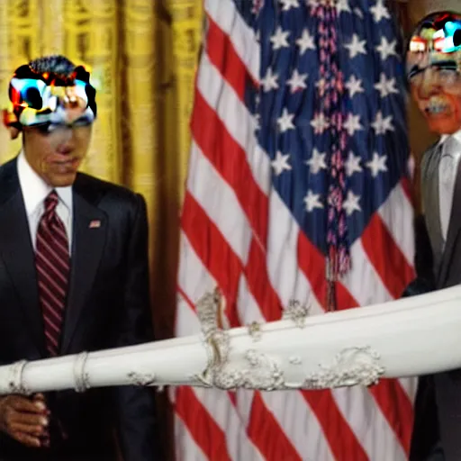 Image similar to Barack Obama holding huge flaming sword in the white house