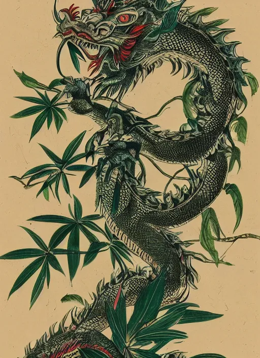 Prompt: vintage chinese dragon in a tropical forest, john james audubon, intaglio 8 k resolution