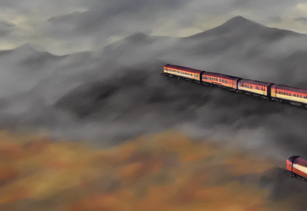 Image similar to a digital painting of a train in the mountains and there is fog in the distance aproaching