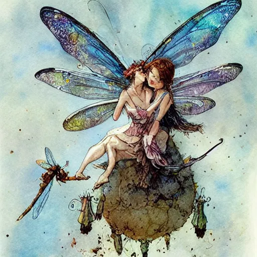 Image similar to a fairy riding a dragonfly, muted color, watercolor ink illustration, painterly, splatters, detailed, by jean - baptiste monge, by alan lee