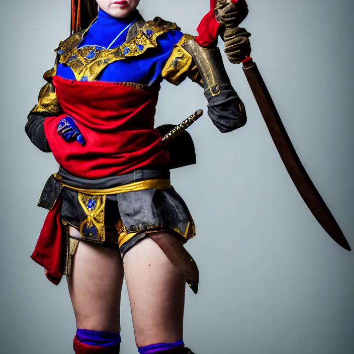 Image similar to full body photograph ofa real - life very beautiful female jester warrior. extremely detailed. dslr. 8 5 mm.