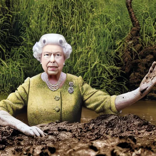 Image similar to queen elizabeth taking a mud bath in shreks swamp, professional photograph, highly detailed,