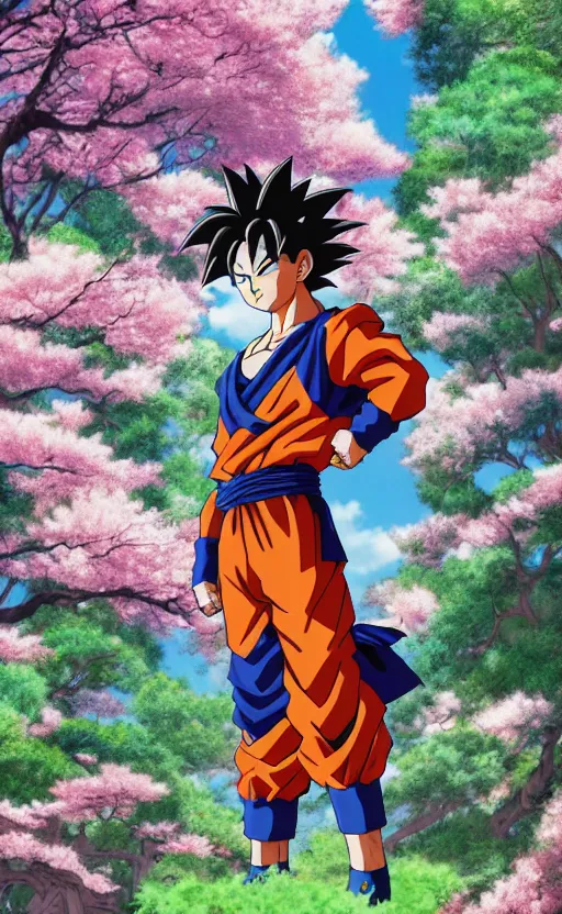 Prompt: an ultrawide photo of goku standing in front of sakura trees, studio ghibli concept art, detailed face, beautiful face, beautiful eyes, beautiful lighting, hdr, 4 k