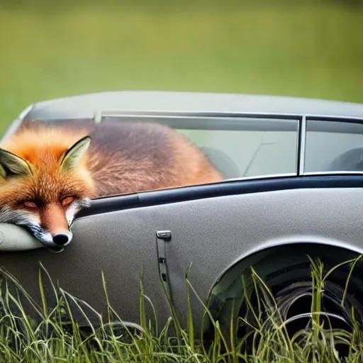 Prompt: fox sleeping on an old car, award winning photography