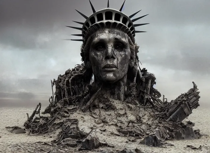 Image similar to a Photorealistic dramatic hyperrealistic render of a ruined destroyed decayed statue of liberty on a desolate beach in a post-apocalyptic world, futuristic nuclear apocalyptic planet of the apes vibe, by WLOP and Artgerm and Greg Rutkowski and Alphonse Mucha, Beautiful dynamic dramatic dark moody lighting, shadows, cinematic atmosphere, Artstation, concept design art, Octane render, 8K, masterpiece