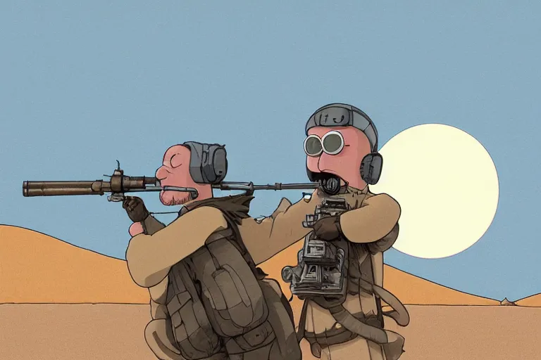 Image similar to a study of a cell shaded cartoon pope firing a bazooka on a desert road in front of a big moon, full body, wide shot, very muted colors, post grunge, studio ghibli, laurie greasley, highly detailed, deviantart, art by artgem