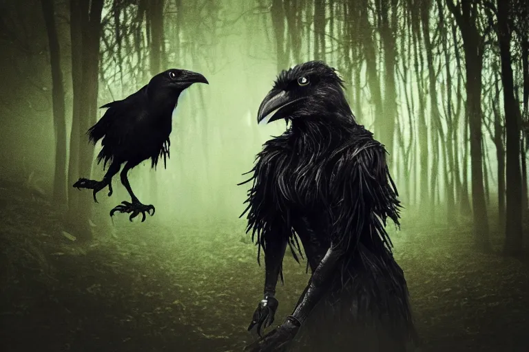 Image similar to werecreature consisting of a crow and a human, photograph captured in a dark forest