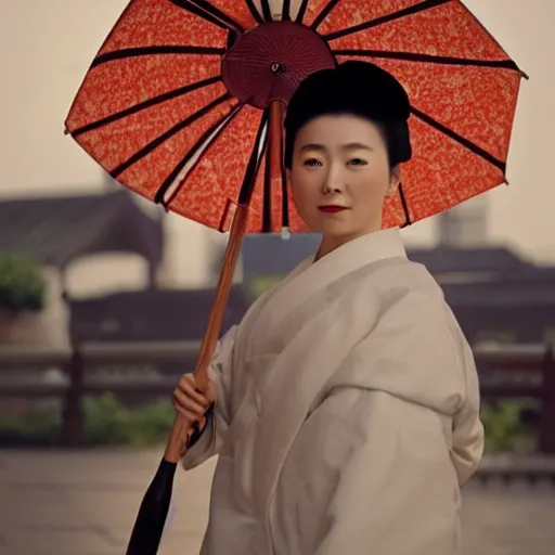 Image similar to rowan atkinson dressed as a traditional korean woman with an umbrella, cinematic shot, dynamic lighting, close up, impressive winning photo, pastel colors