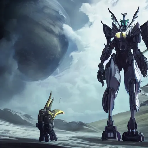 Prompt: epic cinematic shot of a hot anthropomorphic robot mecha female dragon the size of a goddess, taller than the planet, clouds at her ankles, walking on the planet, detailed warframe fanart