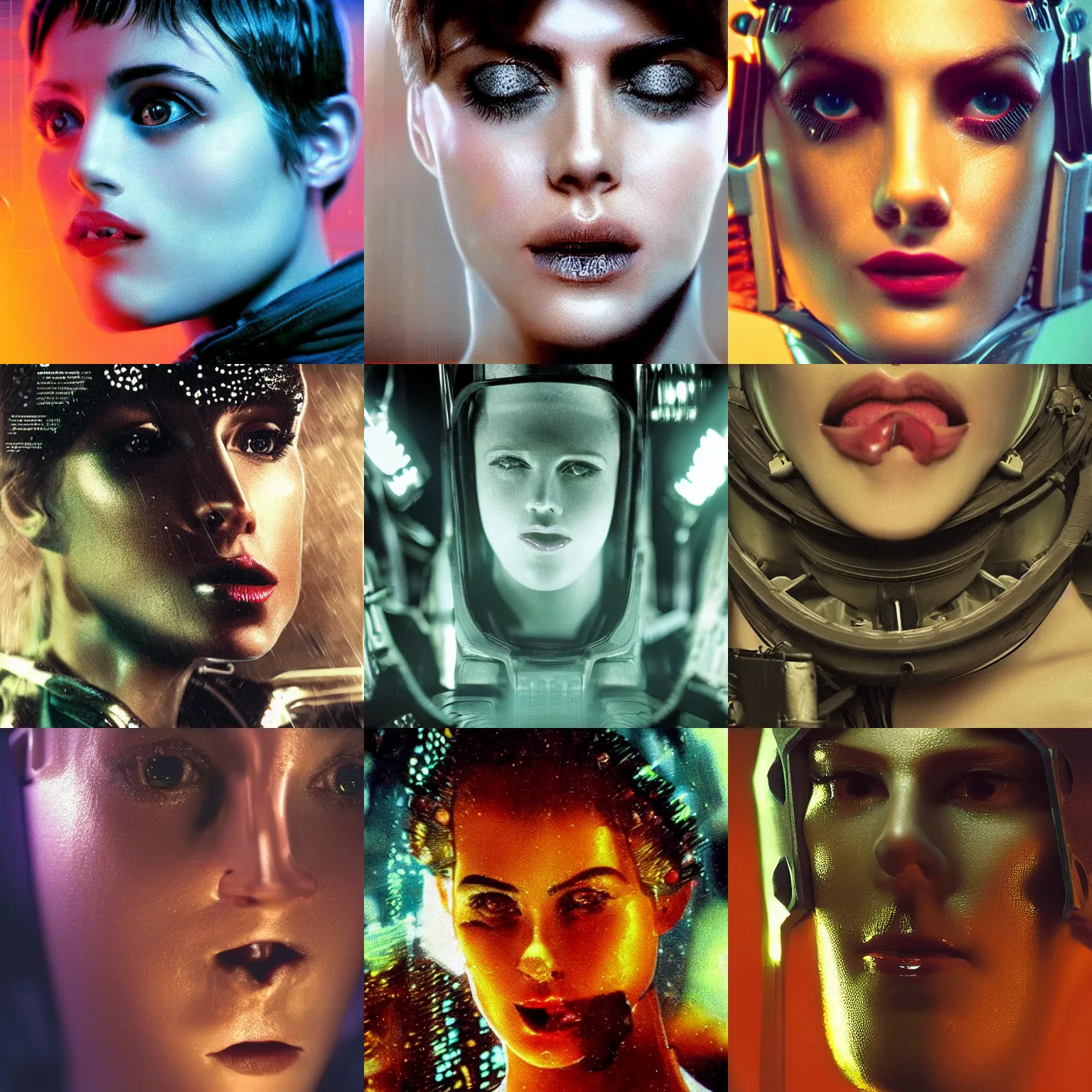 Prompt: beautiful extreme closeup portrait photo in style of 1990s frontiers in retrofuturism deep diving helmet fashion magazine blade runner edition, highly detailed, focus on tongue, soft lighting