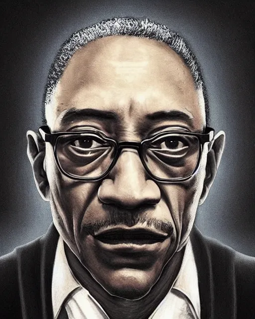 Image similar to Giancarlo Esposito as Gus Fring, backlit portrait, black background, cinematic lighting, atmospheric, digital artwork, best of artstation