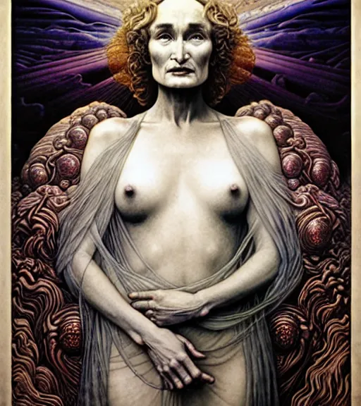 Prompt: detailed realistic beautiful jessica lange as queen of jupiter face portrait by jean delville, gustave dore and marco mazzoni, art nouveau, symbolist, visionary, gothic, pre - raphaelite. horizontal symmetry by zdzisław beksinski, iris van herpen, raymond swanland and alphonse mucha. highly detailed, hyper - real, beautiful