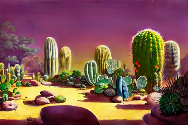 Prompt: a solarpunk zen garden with cacti by simon stalenhag and hubert robert and zacharias aagaard and gillis rombouts and samuel beal, hyperrealism, purple sand, orange rocks, chiaroscuro!!, tonalism!, high saturation, high contrast, vibrant, highly detailed, volumetric light