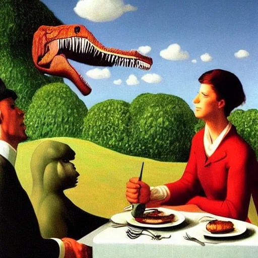 Image similar to a dinosaur takes you out for dinner by Raphael, Hopper, and Rene Magritte. detailed, romantic, enchanting, trending on artstation.