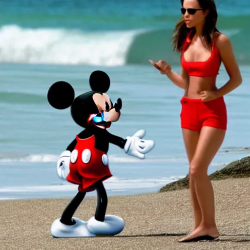 Prompt: Mickey Mouse staring at Kate Beckinsale on the beach, she is annoyed,