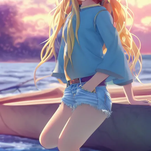 Image similar to a very beautiful anime girl, full body, long wavy blond hair, sky blue eyes, full round face, short smile, cute top, short jeans, summer lake setting, cinematic lightning, medium shot, mid-shot, highly detailed, trending on Artstation, Unreal Engine 4k, cinematic wallpaper by Stanley Artgerm Lau, WLOP, Rossdraws, James Jean, Andrei Riabovitchev, Marc Simonetti, and Sakimichan