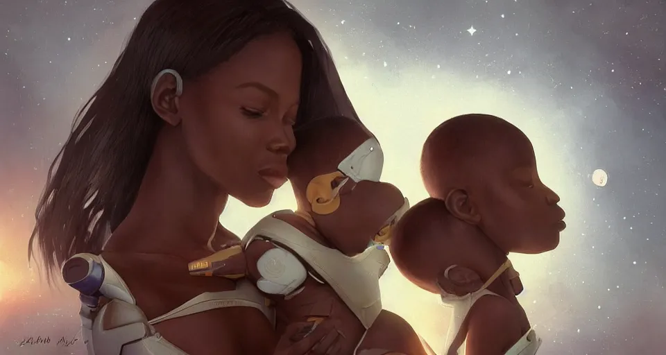 Image similar to “ a very very very very very beautiful realistic still of a stunningly beautiful melanated woman holding a newly born cyborg baby dressed as batman, devouring crayola crayons, by makoto shinkai, syd meade, starwars, space art concept, sci - fi, digital art, unreal engine, wlop, trending on artstation, 8 k uhd image, octane render ”