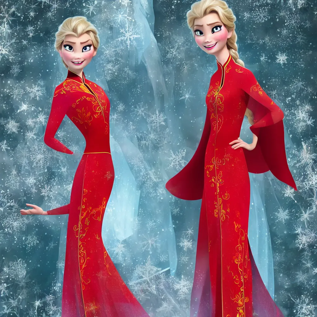 Image similar to elsa is wearing a chinese red cheongsam, frozen, disney style.