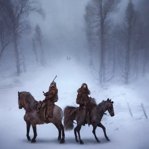 Image similar to Two Nordic warriors wearing fur clothes on horseback riding through snowy landscapes during a snowstorm, fantasy, highly detailed, digital painting, artstation, concept art, illustration, art by Greg Rutkowski and Marc Simonetti