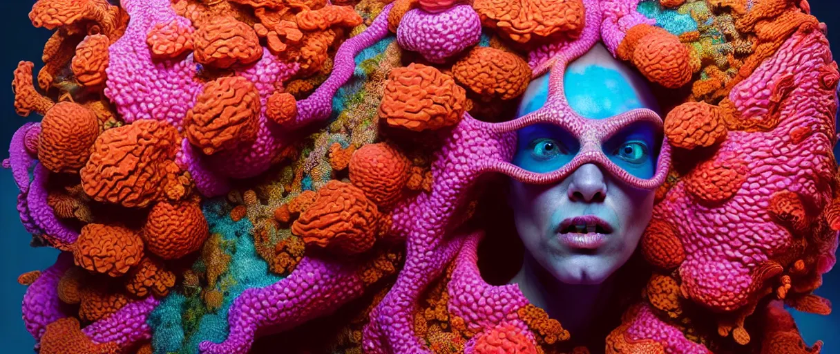 Image similar to hyperrealist highly detailed english medieval portrait of high fashion monster wearing reef armor, radiating atomic neon corals, concept art pascal blanche dramatic studio lighting 8k wide angle shallow depth of field