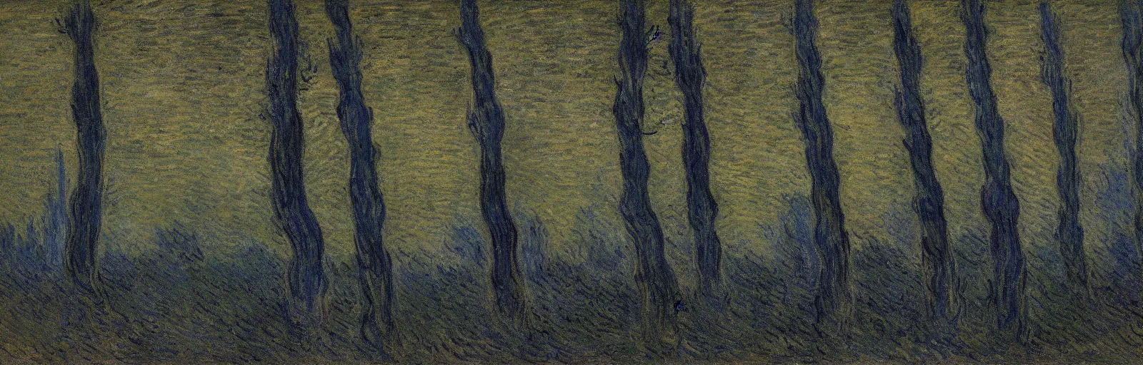 Image similar to An aesthetically pleasing, dynamic, energetic, lively, well-designed digital art of juniper trees in a forest at night in a low mist, light and shadow, chiaroscuro, by Claude Monet and Vincent Van Gogh, superior quality, masterpiece, excellent use of negative space. 8K, superior detail.