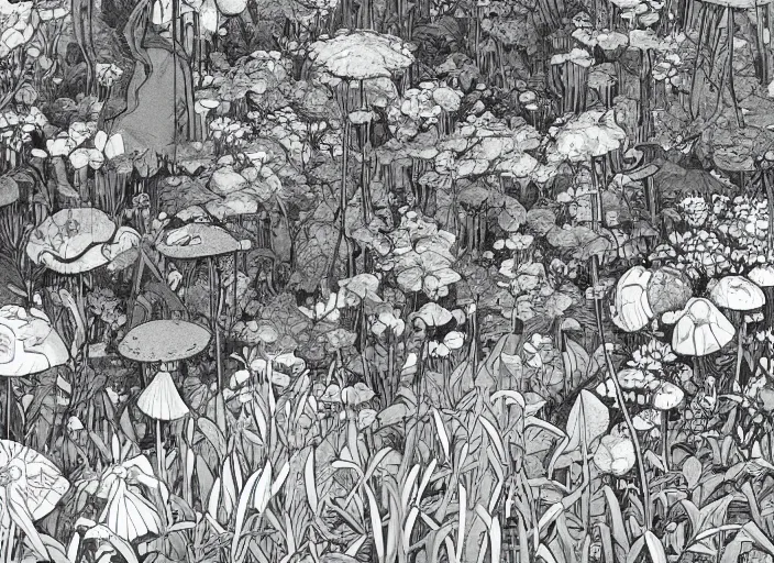 Prompt: a lot of jungle flowers and plants + poison toxic mushrooms surrounded by cables + long grass + broken droid + mystic fog, line drawing, no - shadow, black and white, by makoto shinkai takashi takeuchi studio ghibli, akihiko yoshida, 7 0's vintage sci - fi style, rule of third!!!!, top view