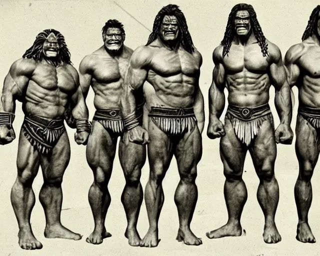 Prompt: hyper realistic group vintage photograph of an orc warrior tribe, tall, muscular, hulk like physique, tribal paint, tribal armor, grain, old