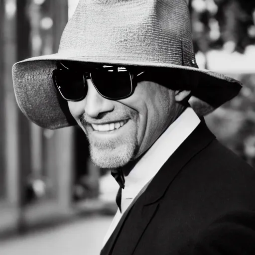 Prompt: film still, extreme long shot, of an enigmatic mysterious man, smiling, face unseen by wearing a woven fedora and chopard sunglasses, expensive outfit, elegant, casual, intricate, the man summons numerous invisible hand appendages from his body