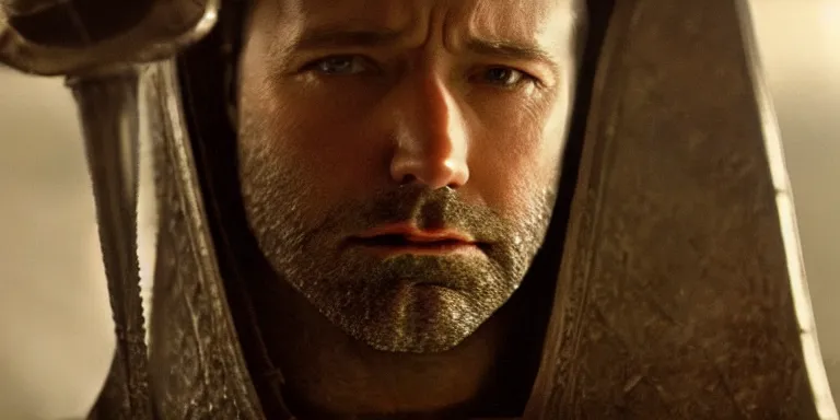 Prompt: still frame from a movie, close up of ben affleck in a 15th century knight suit, centerframe, medieval background, rule of third, iphone 4, cooke prime 25mm, cinematic, film grain, flare