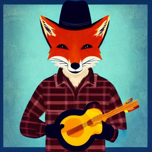 Image similar to a fox animal, wearing cowboy hat, wearing plaid shirt, playing guitar, in barn, album cover style, artstation