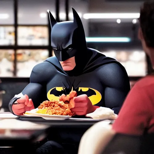 Image similar to A photo of Ben Affleck's Batman eating at KFC. Extremely detailed. Beautiful. 4K. Award-winning