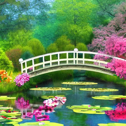 Prompt: a bridge over a pond in a garden filled with flowers, a digital rendering by cherryl fountain, featured on cg society, cloisonnism, enchanting, vivid colors, rich color palette