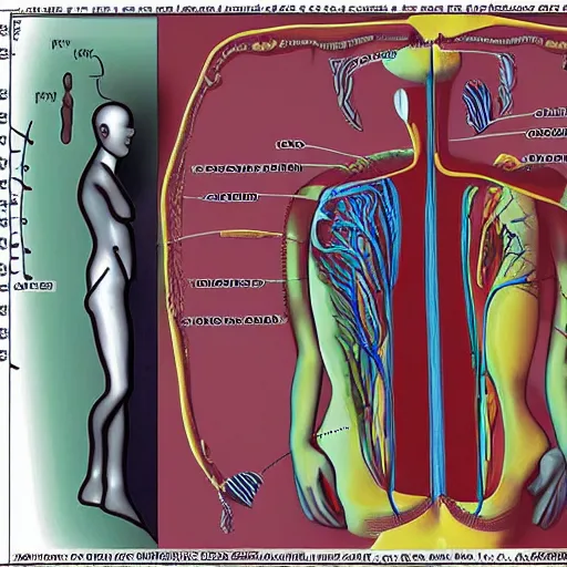 Prompt: the human body, surrealist, cross-section diagram