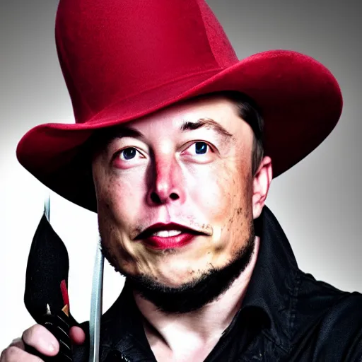 Image similar to photo of elon musk as a musketeer, he has a big black hat with a red feather, he is holding a shiny rapier sword and he is looking straight to the camera, studio lighting