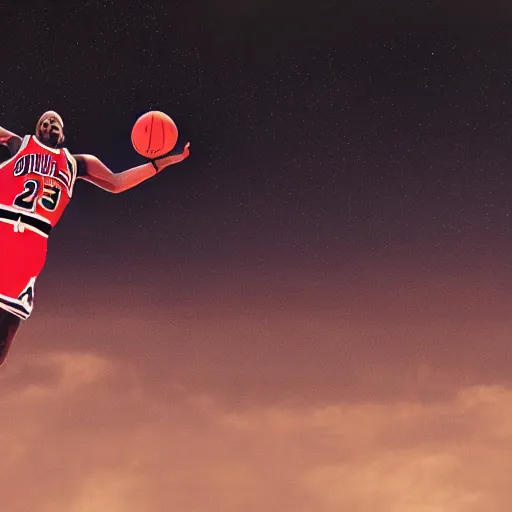 Image similar to michael jordan flying to mars with basketball, clear shot, photo shoot, realistic 8 k