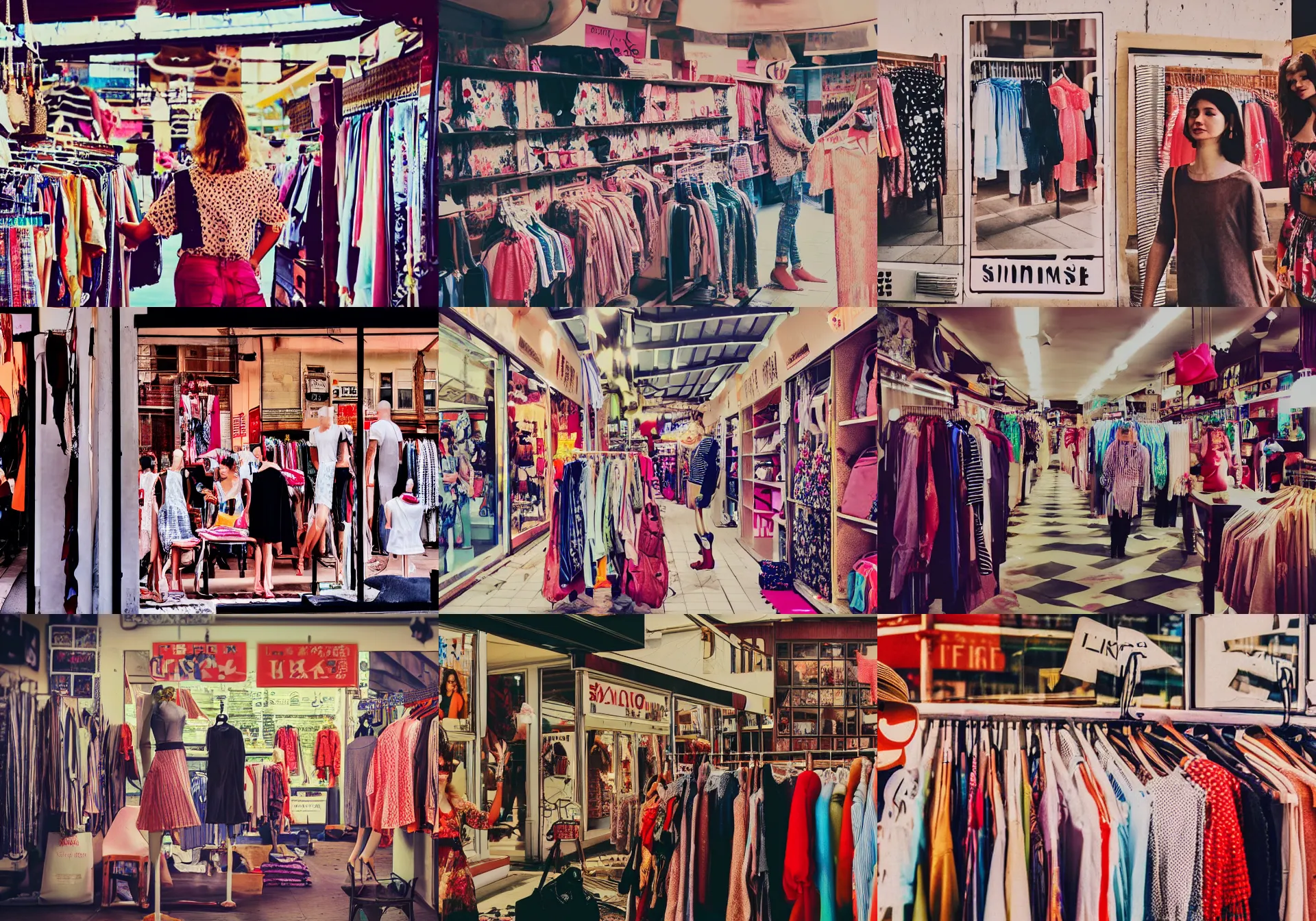 Prompt: home photography portrait, clothes shop in market, clothes, floor mannequin, poster ; summer, Color VHS picture quality with mixed noise