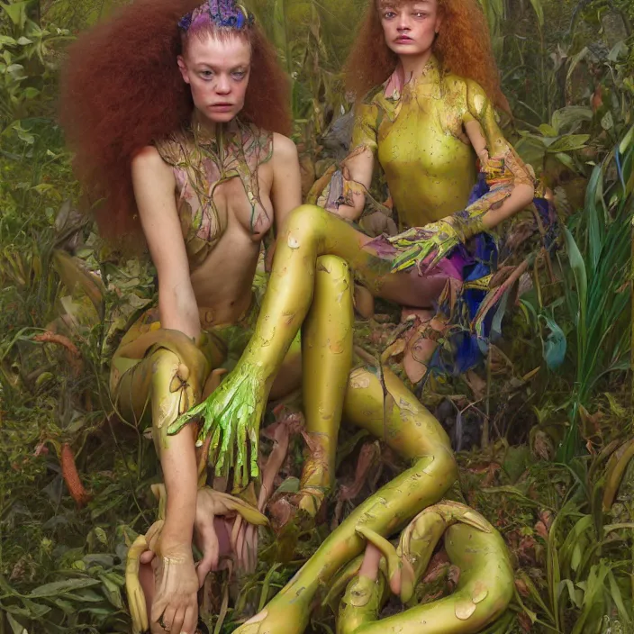 Prompt: a fashion editorial of sadie sink as a brightly colored sphinx amphibian hybrid with wet translucent skin. wearing an growing organic catsuit. by tom bagshaw, donato giancola, hans holbein, walton ford, gaston bussiere, brian froud, peter mohrbacher and magali villeneuve. 8 k, cgsociety