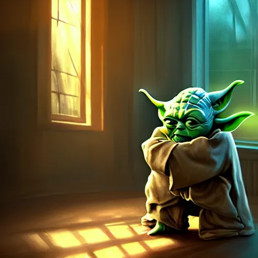 Prompt: yoda sitting in a chair in his living room with sunlight pouring in through a window, portrait, fantasy, beautiful face, vivid colors, elegant, concept art, sharp focus, digital art, hyper - realistic, 4 k, unreal engine, highly detailed, hd, dramatic lighting by brom, trending on artstation