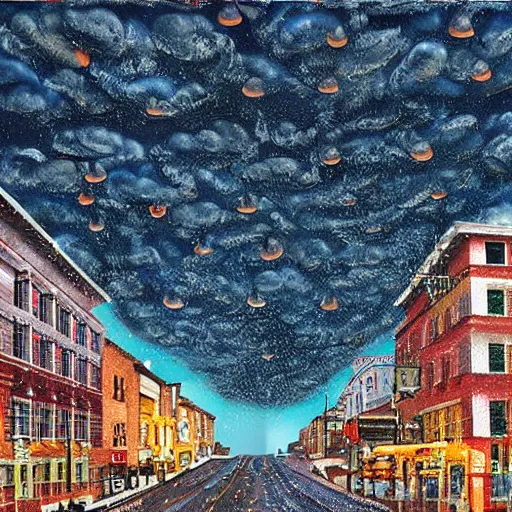 Image similar to giant food raining from the sky all over town painting realistic