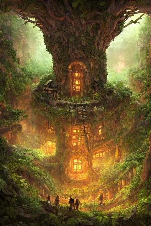 Prompt: a miniature city built into the trunk of a single colossal tree in the forest, with tiny people, in the style of andreas rocha, lit windows, close - up, low angle, wide angle, awe - inspiring, highly detailed digital art