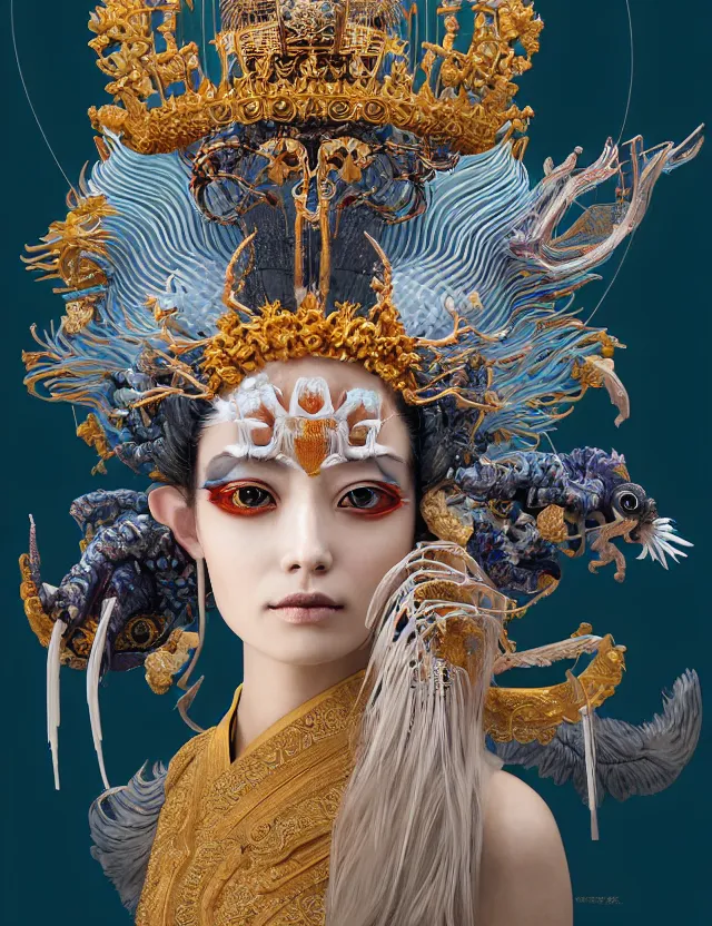 Image similar to 3 d goddess close - up portrait with crown, ram skull. beautiful intricately detailed japanese crow kitsune mask and clasical japanese kimono. betta fish, jellyfish phoenix, bioluminescent, plasma, ice, water, wind, creature, artwork by tooth wu and wlop and beeple and greg rutkowski