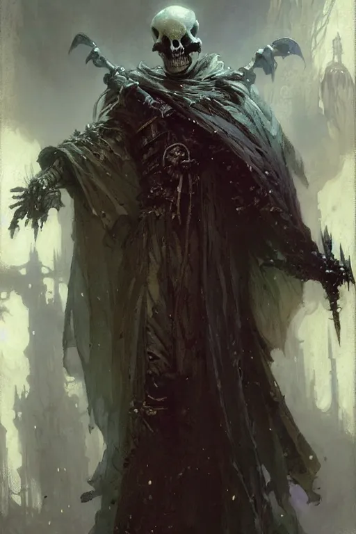 Prompt: friendly skeleton in a long cloak holding several potions portrait dnd, painting by gaston bussiere, craig mullins, greg rutkowski, yoji shinkawa