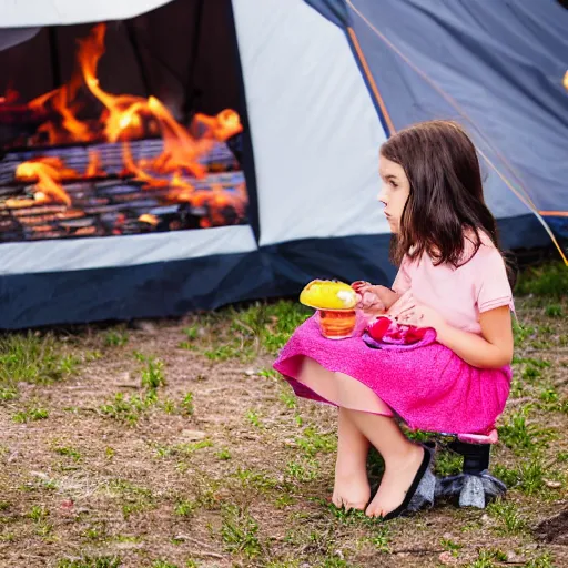 Image similar to big - eyed brunette sweet little girl looking sad in front of barbecue near tent at camp, artistic 4 k